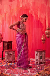 Purple leheriya saree with embroidered blouse